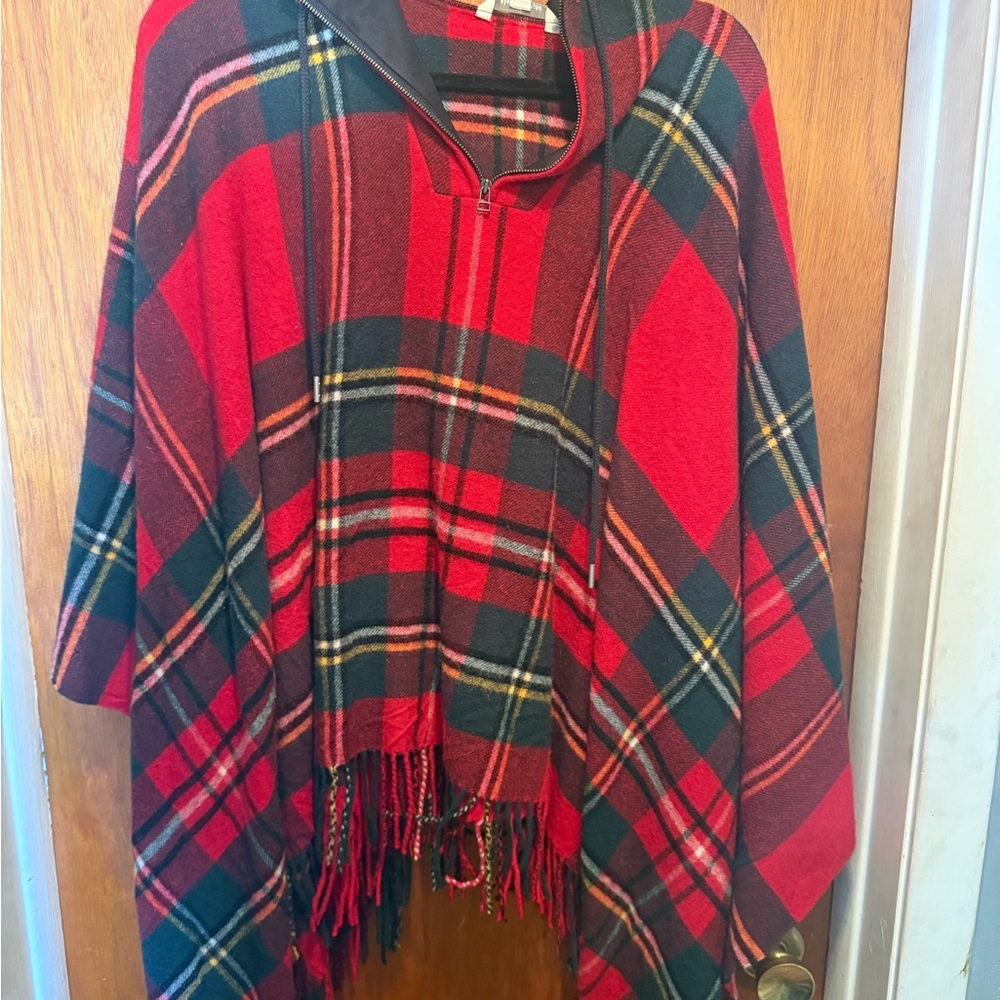 L.L. Bean Red and Black Plaid Hooded Poncho